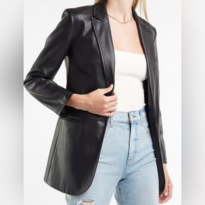 Faux Leather Peak Lapel One Button Boyfriend Blazer